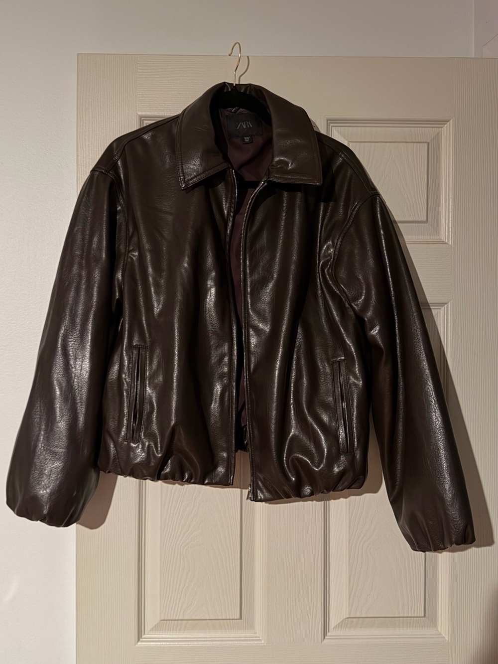 Zara Women’s Chocolate Brown Faux Leather Bomber Jacket